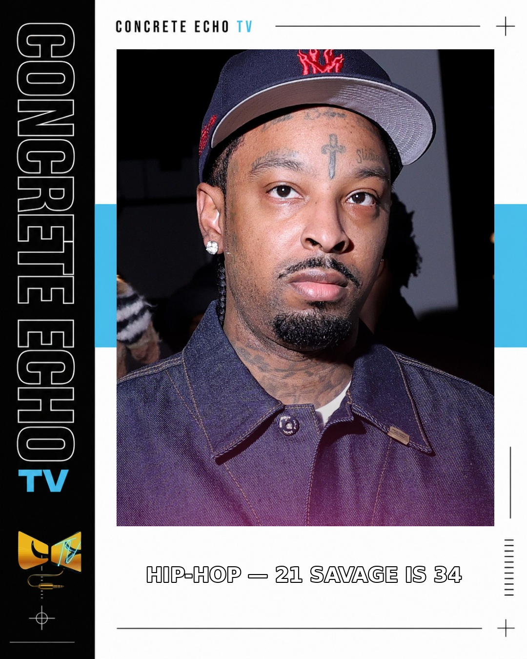 Archive portrait of 21 Savage wearing a cap and a dark collared shirt.