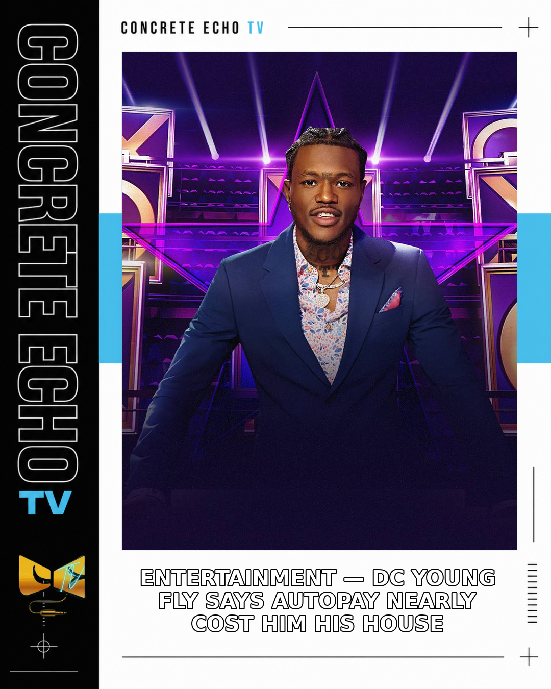Archive promotional photograph of DC Young Fly in a blue suit on a purple game-show set.