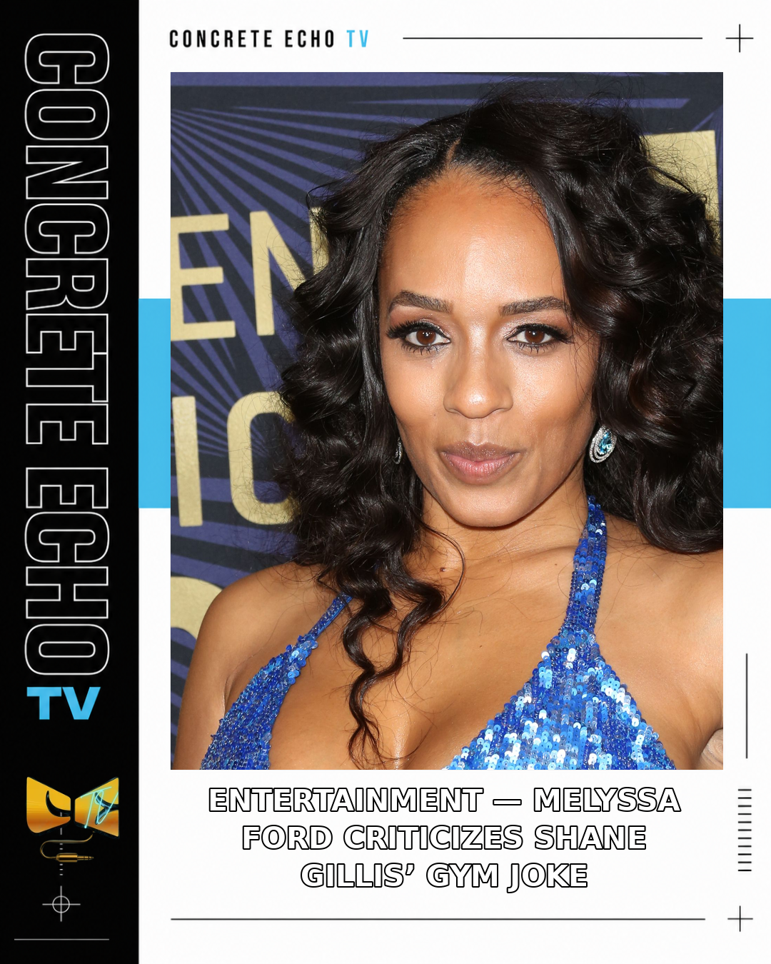 Archive event portrait of Melyssa Ford in a blue sequined outfit.