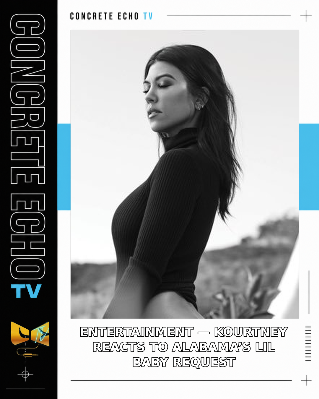 Black-and-white archive photograph of Kourtney Kardashian in side profile wearing a dark top.