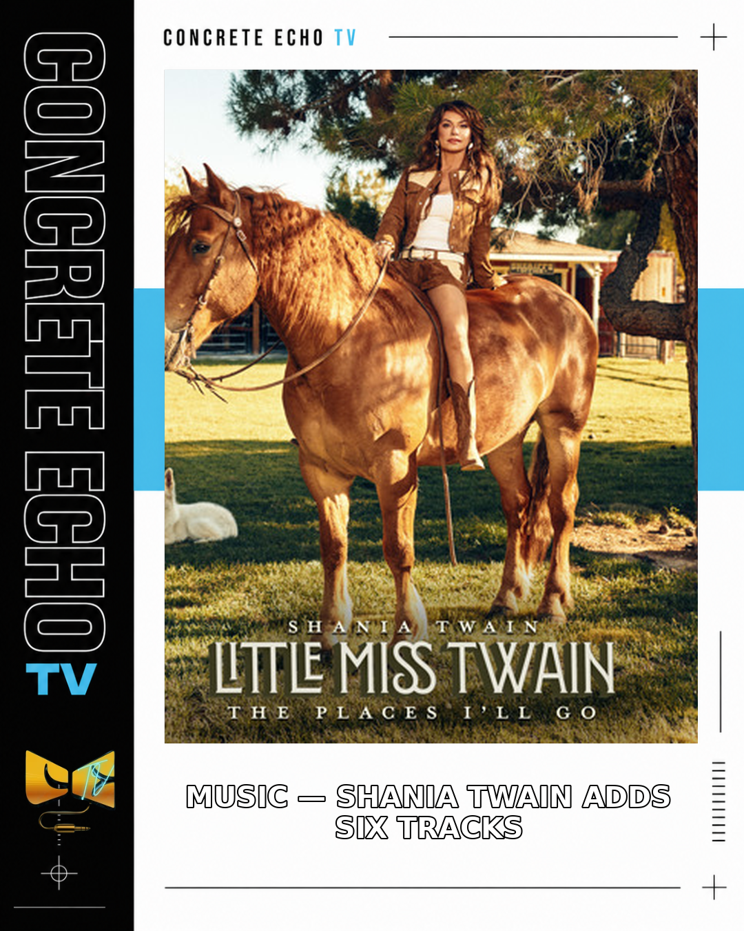 Shania Twain on Little Miss Twain promotional artwork on a Concrete Echo TV news card.