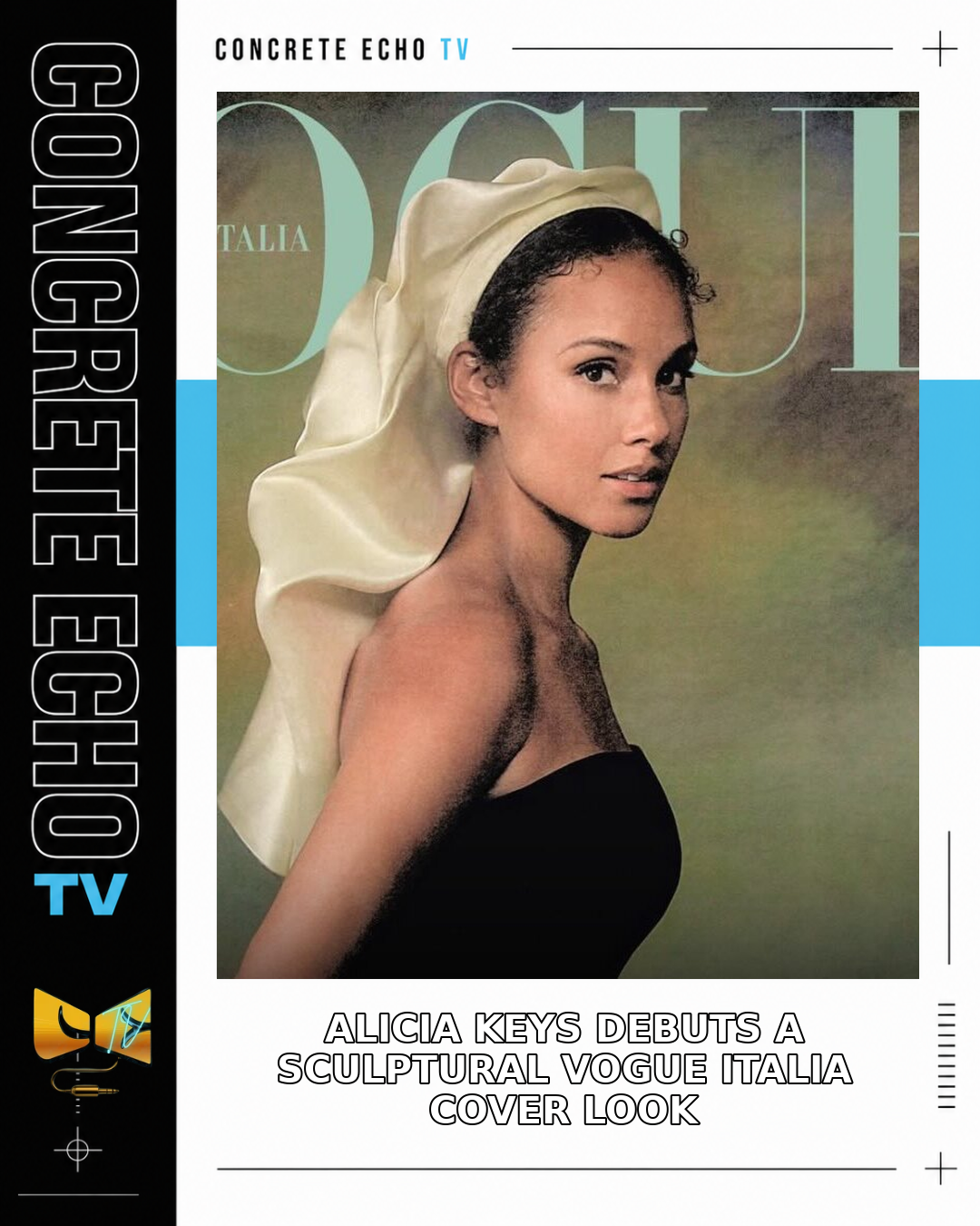Alicia Keys posing in black with a sculptural cream headpiece for Vogue Italia.